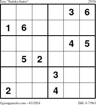 The grouppuzzles.com Easy Sudoku-Junior puzzle for Monday April 1, 2024