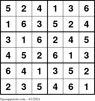 The grouppuzzles.com Answer grid for the Sudoku-Junior puzzle for Monday April 1, 2024