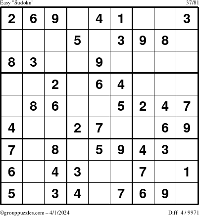 The grouppuzzles.com Easy Sudoku puzzle for Monday April 1, 2024