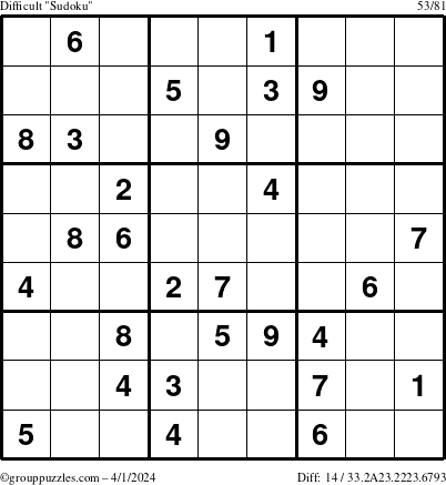 The grouppuzzles.com Difficult Sudoku puzzle for Monday April 1, 2024