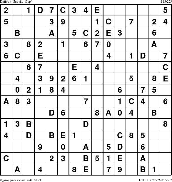 The grouppuzzles.com Difficult Sudoku-15up puzzle for Monday April 1, 2024