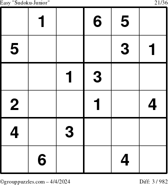 The grouppuzzles.com Easy Sudoku-Junior puzzle for Thursday April 4, 2024