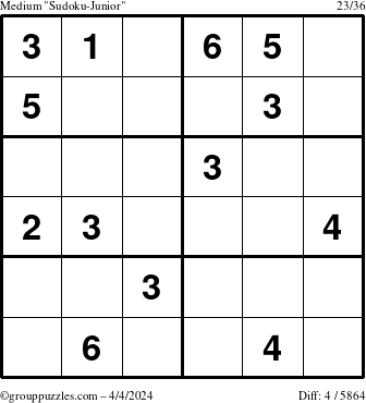 The grouppuzzles.com Medium Sudoku-Junior puzzle for Thursday April 4, 2024