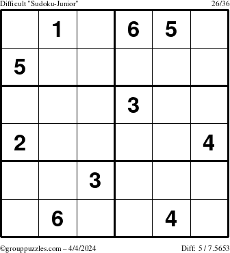 The grouppuzzles.com Difficult Sudoku-Junior puzzle for Thursday April 4, 2024