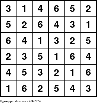 The grouppuzzles.com Answer grid for the Sudoku-Junior puzzle for Thursday April 4, 2024
