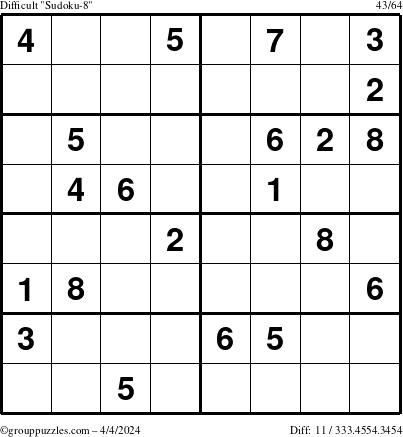 The grouppuzzles.com Difficult Sudoku-8 puzzle for Thursday April 4, 2024