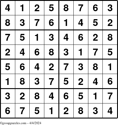 The grouppuzzles.com Answer grid for the Sudoku-8 puzzle for Thursday April 4, 2024