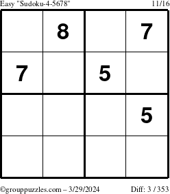 The grouppuzzles.com Easy Sudoku-4-5678 puzzle for Friday March 29, 2024