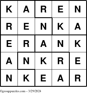 The grouppuzzles.com Answer grid for the Karen puzzle for Friday March 29, 2024