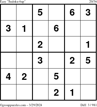 The grouppuzzles.com Easy Sudoku-6up puzzle for Friday March 29, 2024