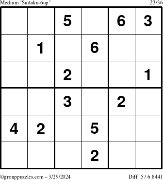 The grouppuzzles.com Medium Sudoku-6up puzzle for Friday March 29, 2024