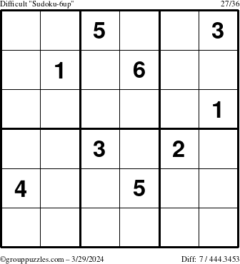 The grouppuzzles.com Difficult Sudoku-6up puzzle for Friday March 29, 2024