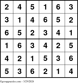 The grouppuzzles.com Answer grid for the Sudoku-6up puzzle for Friday March 29, 2024