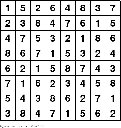 The grouppuzzles.com Answer grid for the Sudoku-8up puzzle for Friday March 29, 2024