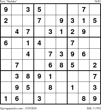 The grouppuzzles.com Easy Sudoku puzzle for Friday March 29, 2024