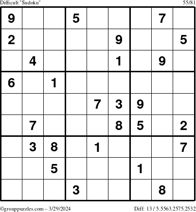The grouppuzzles.com Difficult Sudoku puzzle for Friday March 29, 2024
