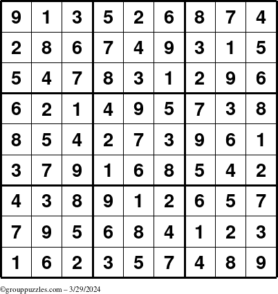 The grouppuzzles.com Answer grid for the Sudoku puzzle for Friday March 29, 2024