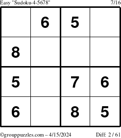 The grouppuzzles.com Easy Sudoku-4-5678 puzzle for Monday April 15, 2024