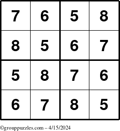 The grouppuzzles.com Answer grid for the Sudoku-4-5678 puzzle for Monday April 15, 2024