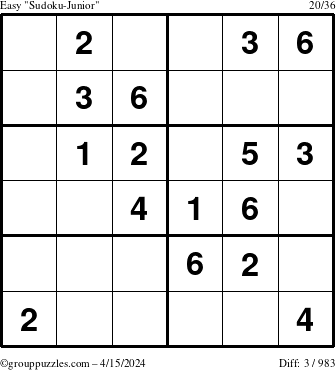 The grouppuzzles.com Easy Sudoku-Junior puzzle for Monday April 15, 2024