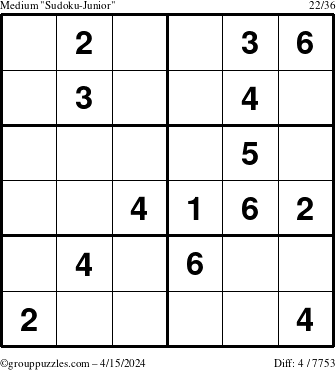 The grouppuzzles.com Medium Sudoku-Junior puzzle for Monday April 15, 2024