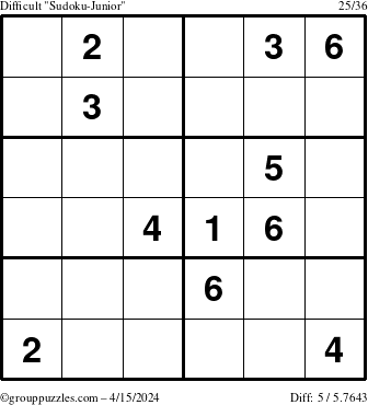 The grouppuzzles.com Difficult Sudoku-Junior puzzle for Monday April 15, 2024