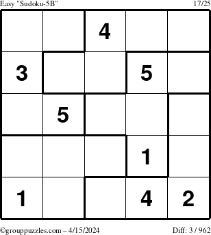 The grouppuzzles.com Easy Sudoku-5B puzzle for Monday April 15, 2024