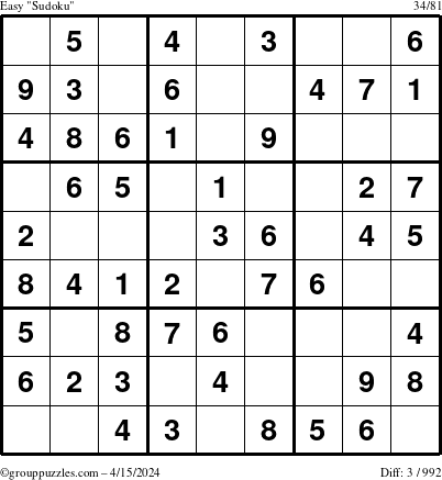 The grouppuzzles.com Easy Sudoku puzzle for Monday April 15, 2024