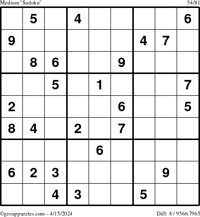 The grouppuzzles.com Medium Sudoku puzzle for Monday April 15, 2024