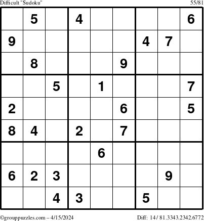 The grouppuzzles.com Difficult Sudoku puzzle for Monday April 15, 2024