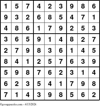 The grouppuzzles.com Answer grid for the Sudoku puzzle for Monday April 15, 2024
