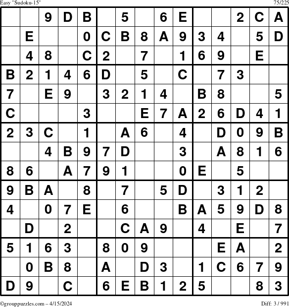 The grouppuzzles.com Easy Sudoku-15 puzzle for Monday April 15, 2024