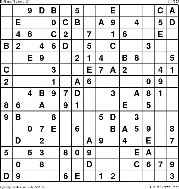 The grouppuzzles.com Difficult Sudoku-15 puzzle for Monday April 15, 2024