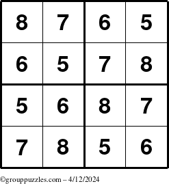 The grouppuzzles.com Answer grid for the Sudoku-4-5678 puzzle for Friday April 12, 2024