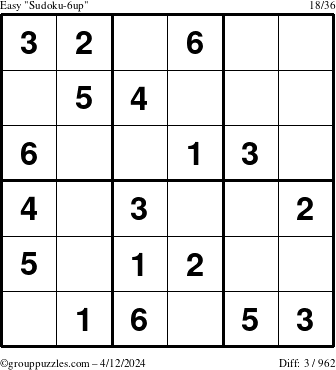 The grouppuzzles.com Easy Sudoku-6up puzzle for Friday April 12, 2024
