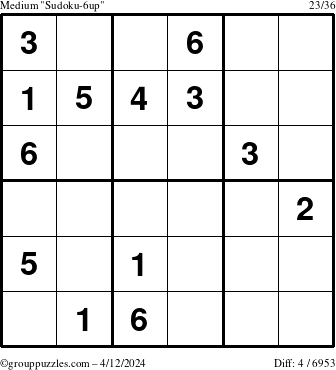 The grouppuzzles.com Medium Sudoku-6up puzzle for Friday April 12, 2024