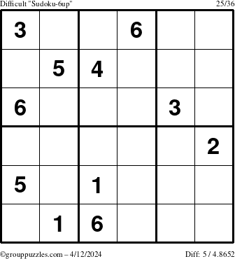 The grouppuzzles.com Difficult Sudoku-6up puzzle for Friday April 12, 2024