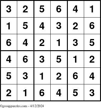 The grouppuzzles.com Answer grid for the Sudoku-6up puzzle for Friday April 12, 2024