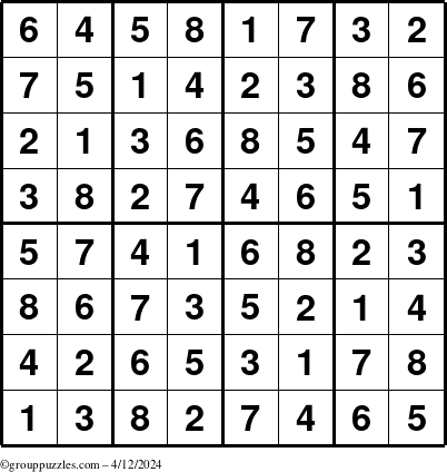 The grouppuzzles.com Answer grid for the Sudoku-8up puzzle for Friday April 12, 2024