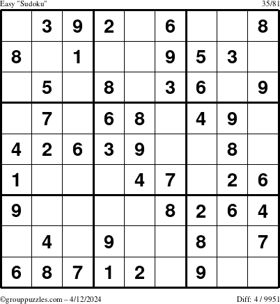 The grouppuzzles.com Easy Sudoku puzzle for Friday April 12, 2024