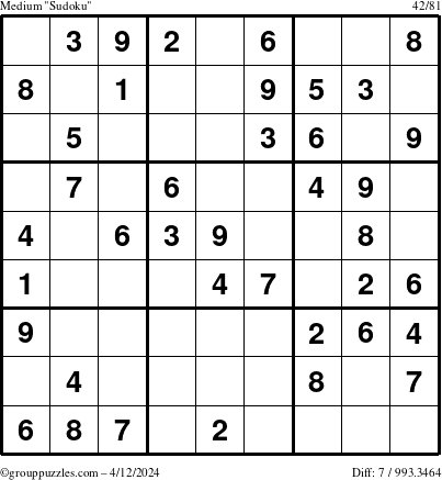 The grouppuzzles.com Medium Sudoku puzzle for Friday April 12, 2024