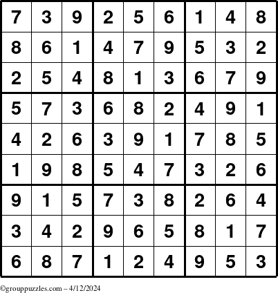 The grouppuzzles.com Answer grid for the Sudoku puzzle for Friday April 12, 2024