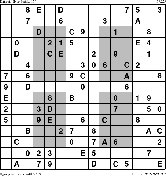 The grouppuzzles.com Difficult HyperSudoku-15 puzzle for Friday April 12, 2024