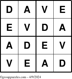 The grouppuzzles.com Answer grid for the Dave puzzle for Tuesday April 9, 2024