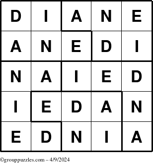 The grouppuzzles.com Answer grid for the Diane puzzle for Tuesday April 9, 2024
