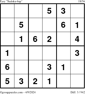 The grouppuzzles.com Easy Sudoku-6up puzzle for Tuesday April 9, 2024