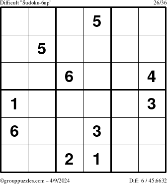 The grouppuzzles.com Difficult Sudoku-6up puzzle for Tuesday April 9, 2024