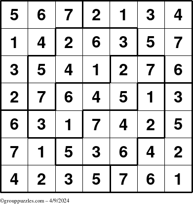 The grouppuzzles.com Answer grid for the Sudoku-7 puzzle for Tuesday April 9, 2024