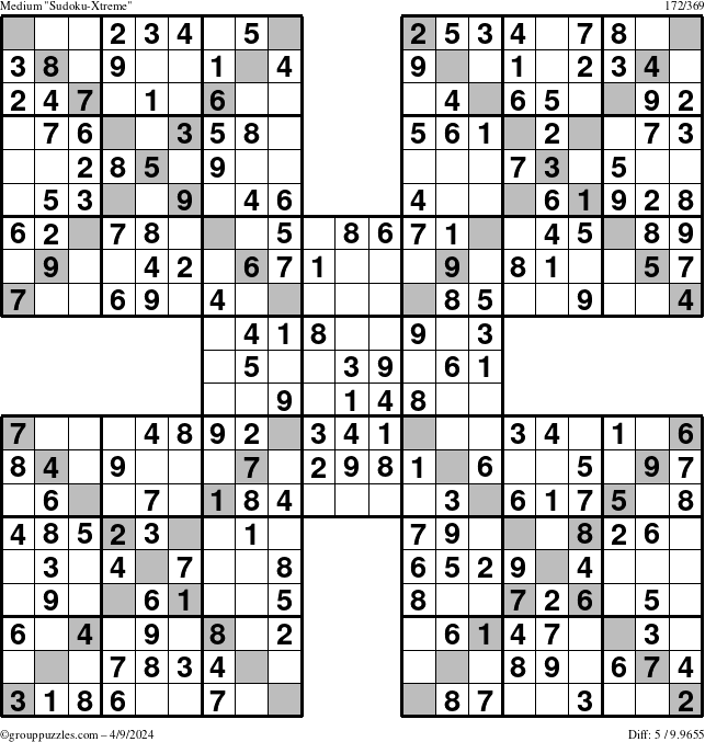 The grouppuzzles.com Medium Sudoku-Xtreme puzzle for Tuesday April 9, 2024