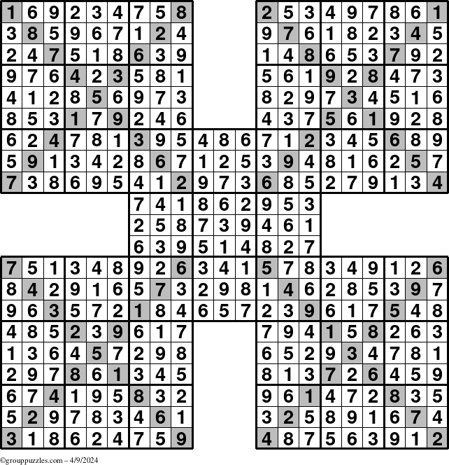 The grouppuzzles.com Answer grid for the Sudoku-Xtreme puzzle for Tuesday April 9, 2024